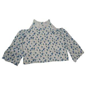 Love Sadie Floral Cold Shoulder Blouse White W/ Blue Flowers Large 3/4 Sleeves